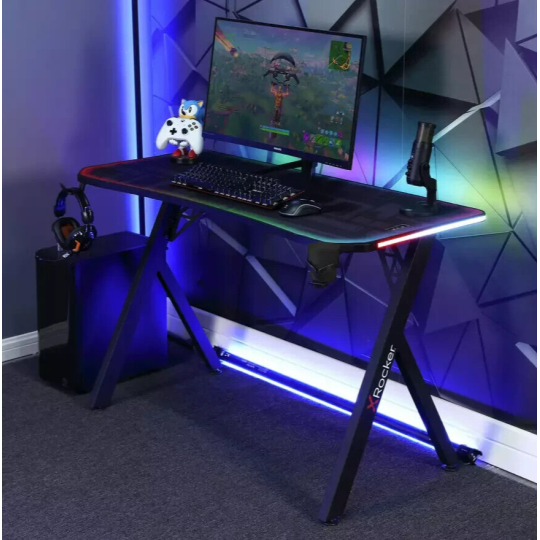 X Rocker Lumio Office Gaming Desk - Black | Black LED Computer Table for Gamers