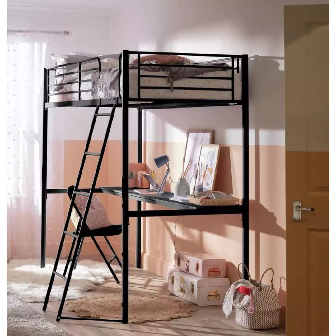 Riley High Sleeper Metal Bed Frame with Desk Black | Kids Loft Bed Furniture Riley High Sleeper Metal Bed Frame with Desk Black | Kids Loft Bed Furniture