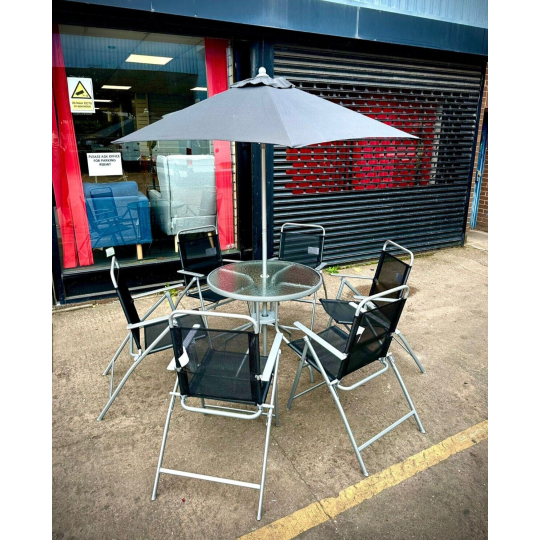 6 Seater Garden Furniture Set - Table and Chairs Patio Set - Black - Silver