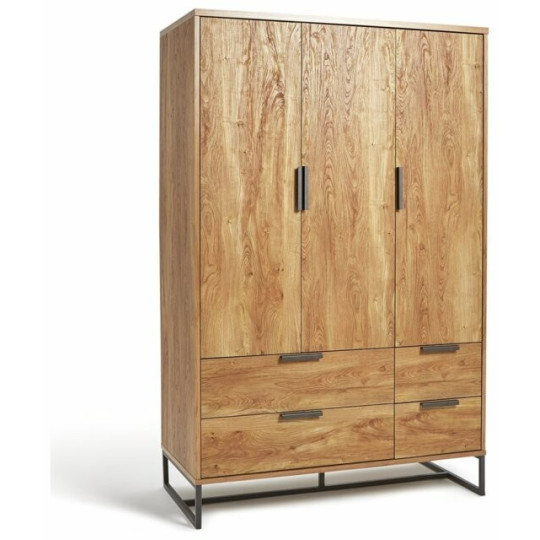 Nomad 3 Door 4 Drawer Wardrobe - Oak Effect | Industrial Style Bedroom Storage