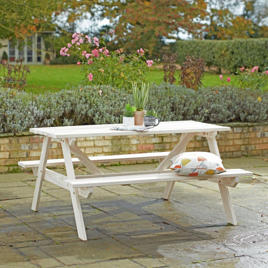 Home Wooden 4 Seater Picnic Table - White | Outdoor Patio Furniture for Backyard